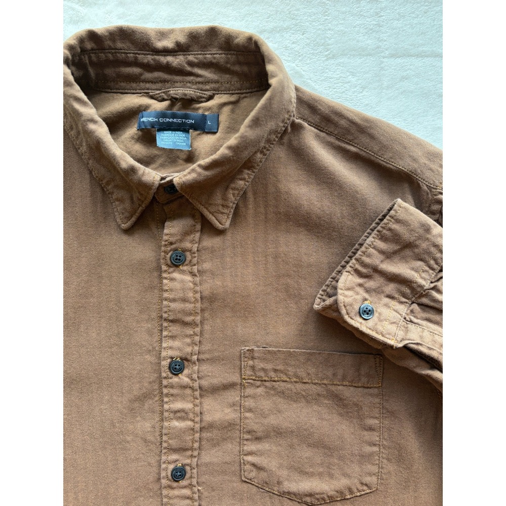 French Connection Brown Herringbone Button Down Shirt Mens Large Good